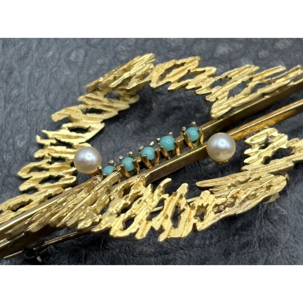 Vintage 18K Yellow Gold Abstract Modernist Style Pearl Blue Stone Brooch Pin